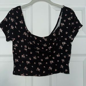 PAC Sun cropped blouse, black with pink flowers (size Large)